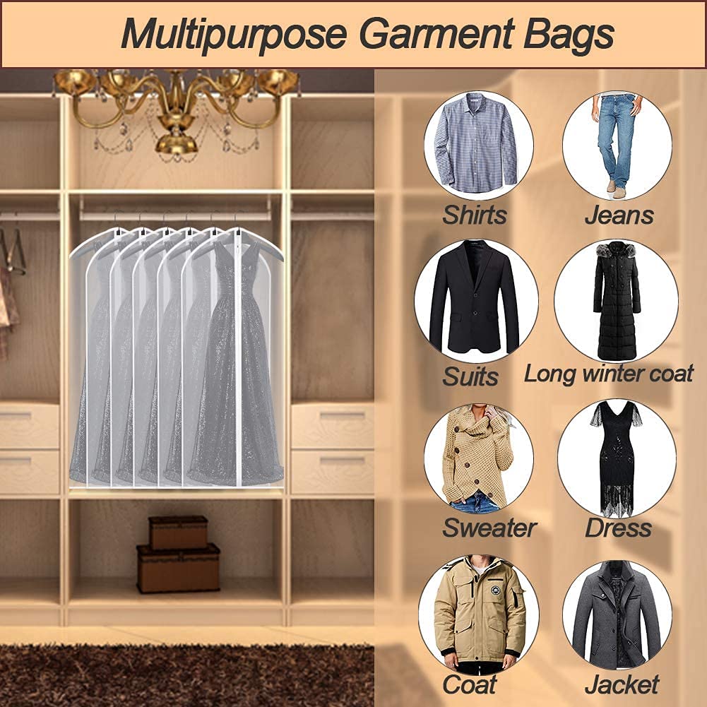 Garment Bag Covers 24''X60'' Dress Bags For Hanging Clothes (Pack Of 6), Hanging Clothes Storage Bag With Study Full Zipper For