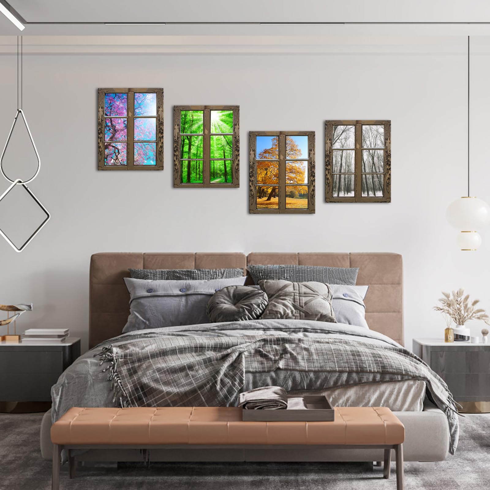 Ihappywall 4 Seasons Modern Landscape Window Frame Style Wall Decor Spring Summer Autumn Winter Season Changes Forest With Sunsh