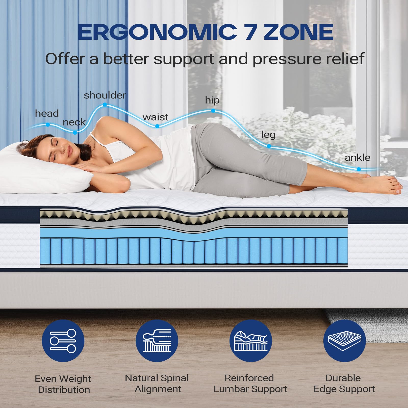 Flexpedic 10'' Full Size Mattress, Memory Foam Hybrid Full Mattress With Space Cotton For Tight Sleep, Medium-Firm Mattress With