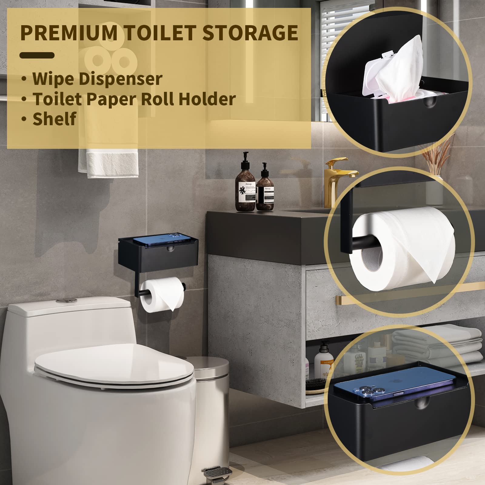LAYUKI Large Toilet Paper Holder with Shelf  Wipes Dispenser and Storage  Stainless Steel  Wall Mounted  Matt Black  Upgraded Toilet Paper and Flushable Wipes Storage for Bathroom