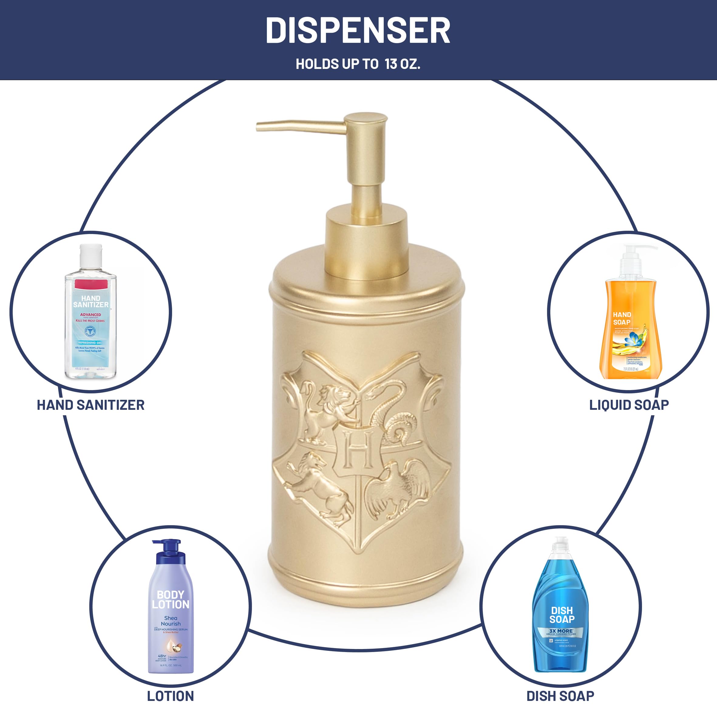 Harry Potter Bathroom Organizer Set - 4 Piece White And Gold Hogwarts Crest Accessories Includes Resin Soap Dispenser, Soap Dish