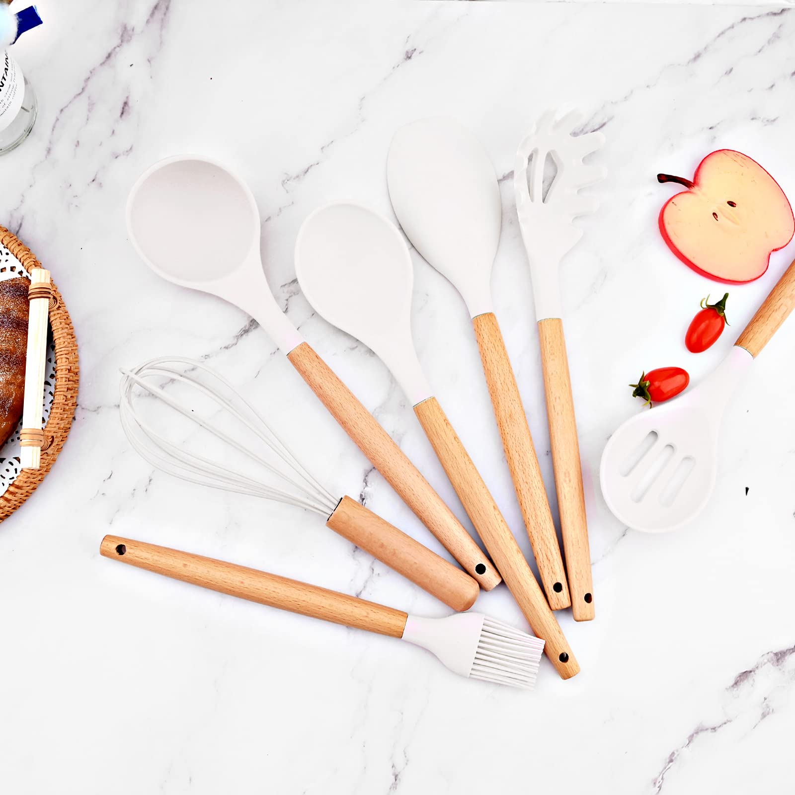 Briiec 11Pcs White Silicone Cooking Utensil Set With Holder Storage Bucket, Nonstick Wooden Handle Silicone Kitchen Gadgets Uten