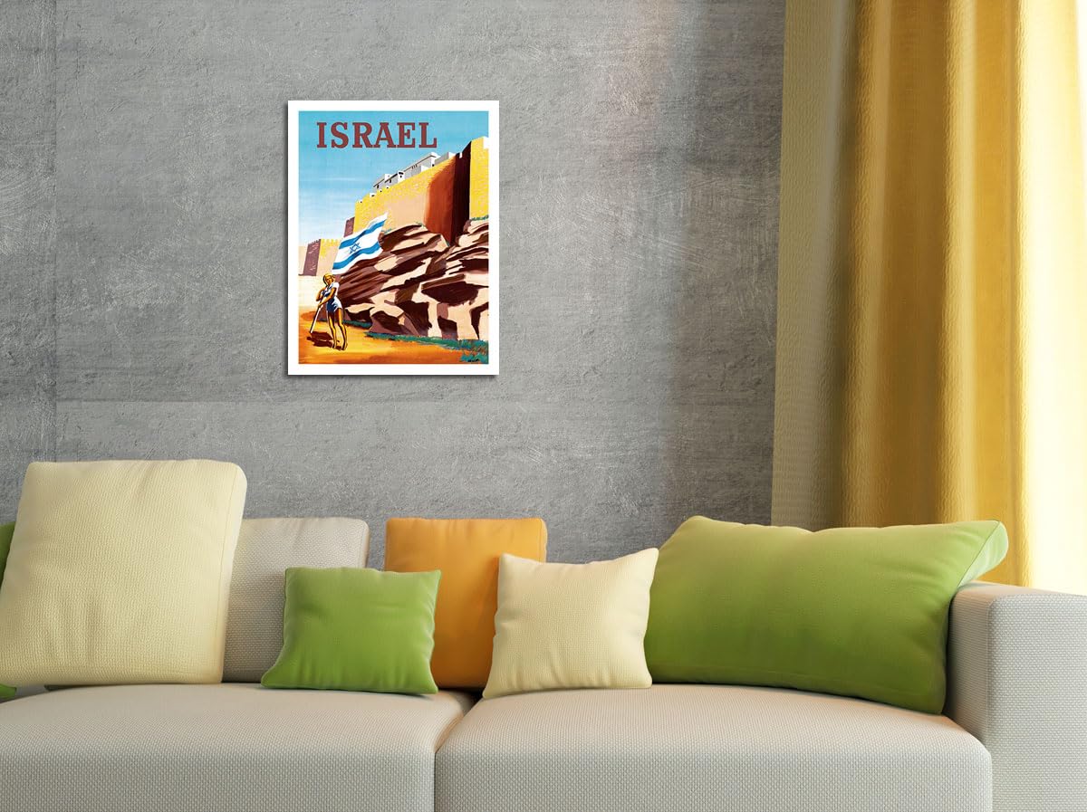 Israel - Zionist Heroic Girl Holding Israeli Flag - Walls of Jerusalem - Vintage Airline Travel Poster by Maurice Renluc c.1949-8 x 12 inch Vintage Metal Tin Sign
