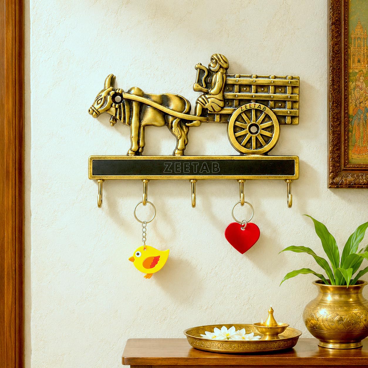 Zeetab Metal Bailgadi Key Holder, Handicraft Bullock Cart Key Stand and Hanger with 5 Hook (Antique Brass)