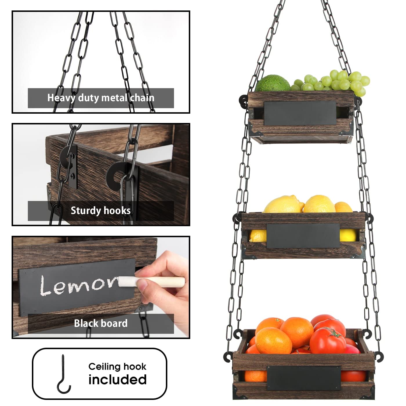 J Jackcube Design 3-Tier Rustic Wood Hanging Fruit Basket, Kitchen Fruit, Vegetable Storage Organizer, Countertop Space Saver- H