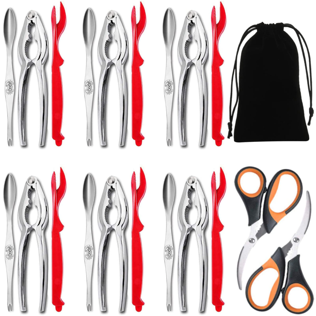 Artcome 21 Piece Seafood Tools Set - 6 Crab Crackers, 6 Lobster Shellers, 6 Wide Crab Forks, 2 Seafood Scissors And 1 Storage Ba