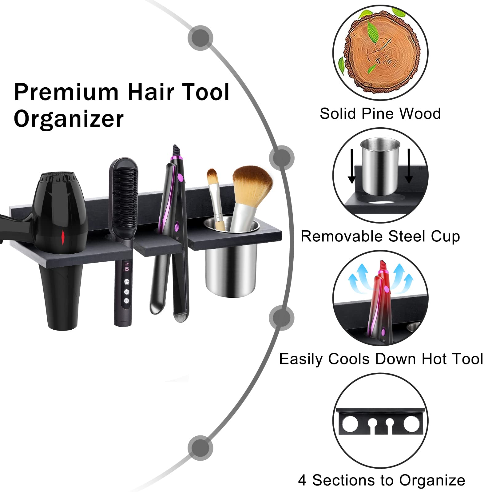 Hair Tool Organizer Wall Mounted - Wooden Hair Dryer Holder, Blow Dryer Holder For Bathroom, Rustic Hair Styling Tools Organizer