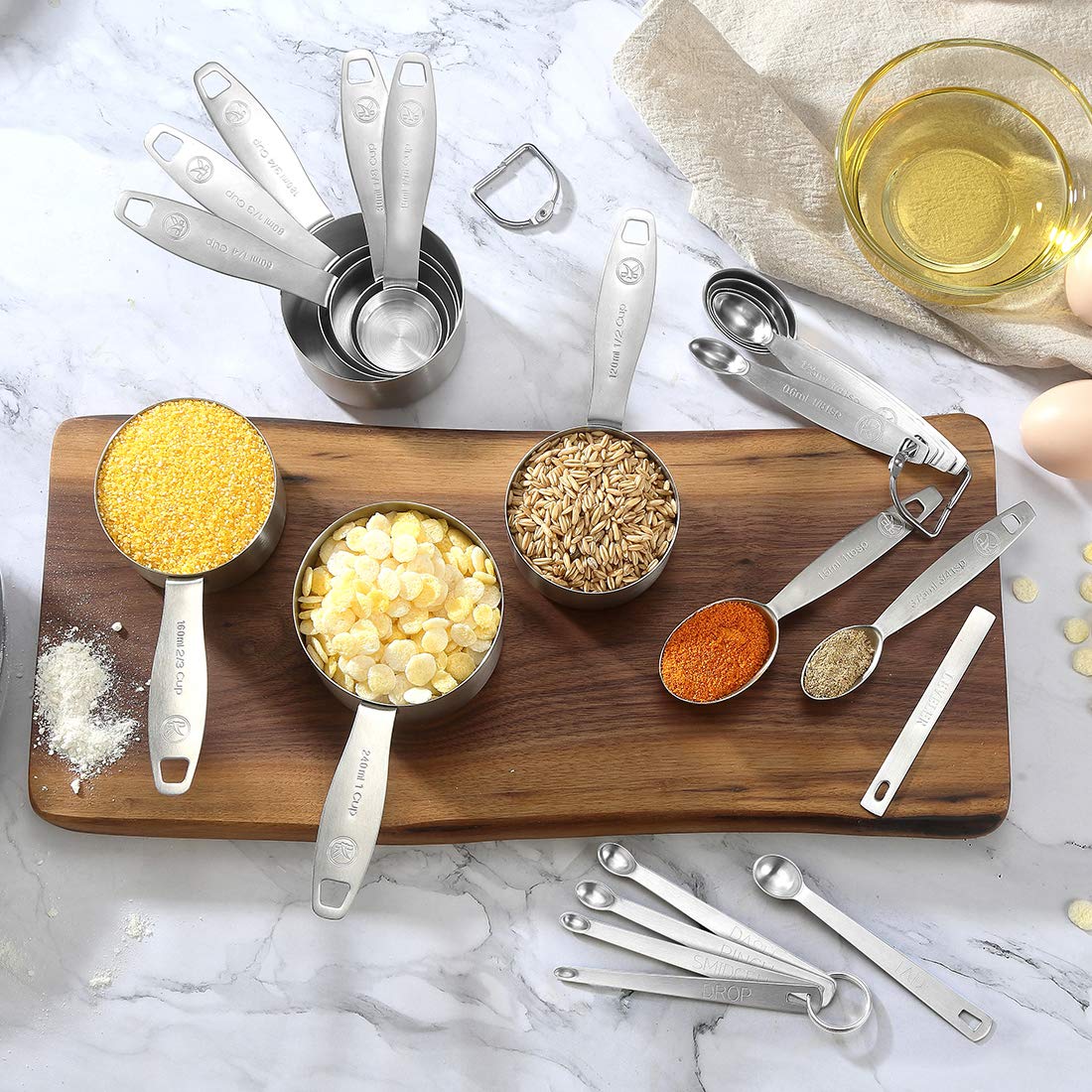 Measuring Cups And Spoons Set Of 21 Piece In 18/8 Stainless Steel, Heavy Duty 8 Measuring Cups, 7 Measuring Spoons, 1 Leveler &
