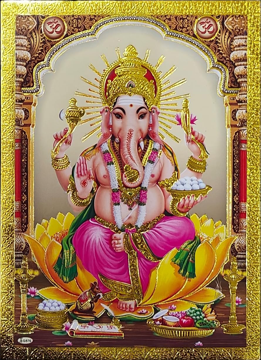 Rastogi Handicraft Best Of Indian Reprint Hindu God Poster/Picture With Golden Foil Unframed (Blessing-Ganesh-Ji-7''X5'')