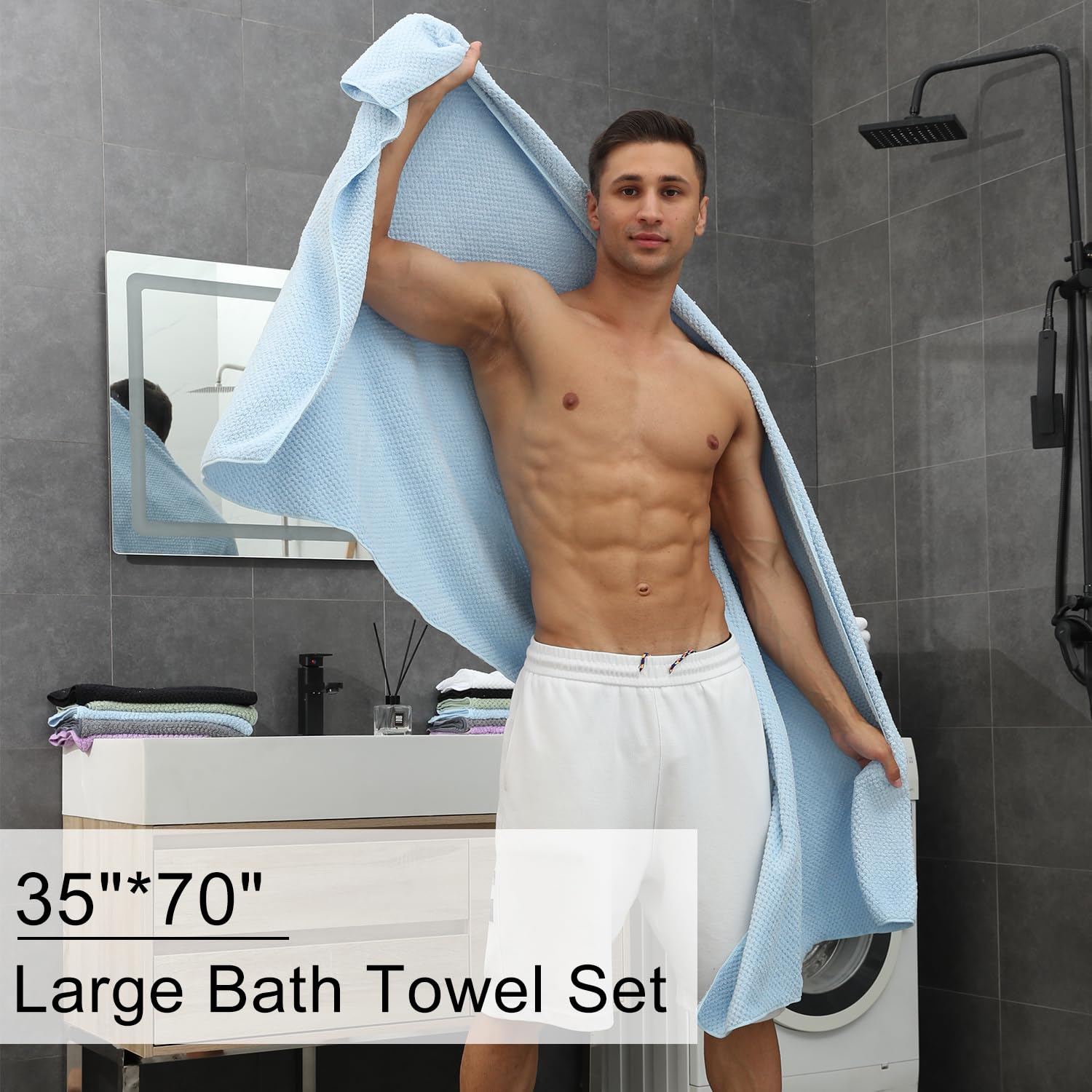 Hailea Extra Large Bath Towels Set 35X70 Inches - Blue Luxury 600 Gsm Oversized Bath Sheet Towel,Ultra Soft Microfiber - Quick D
