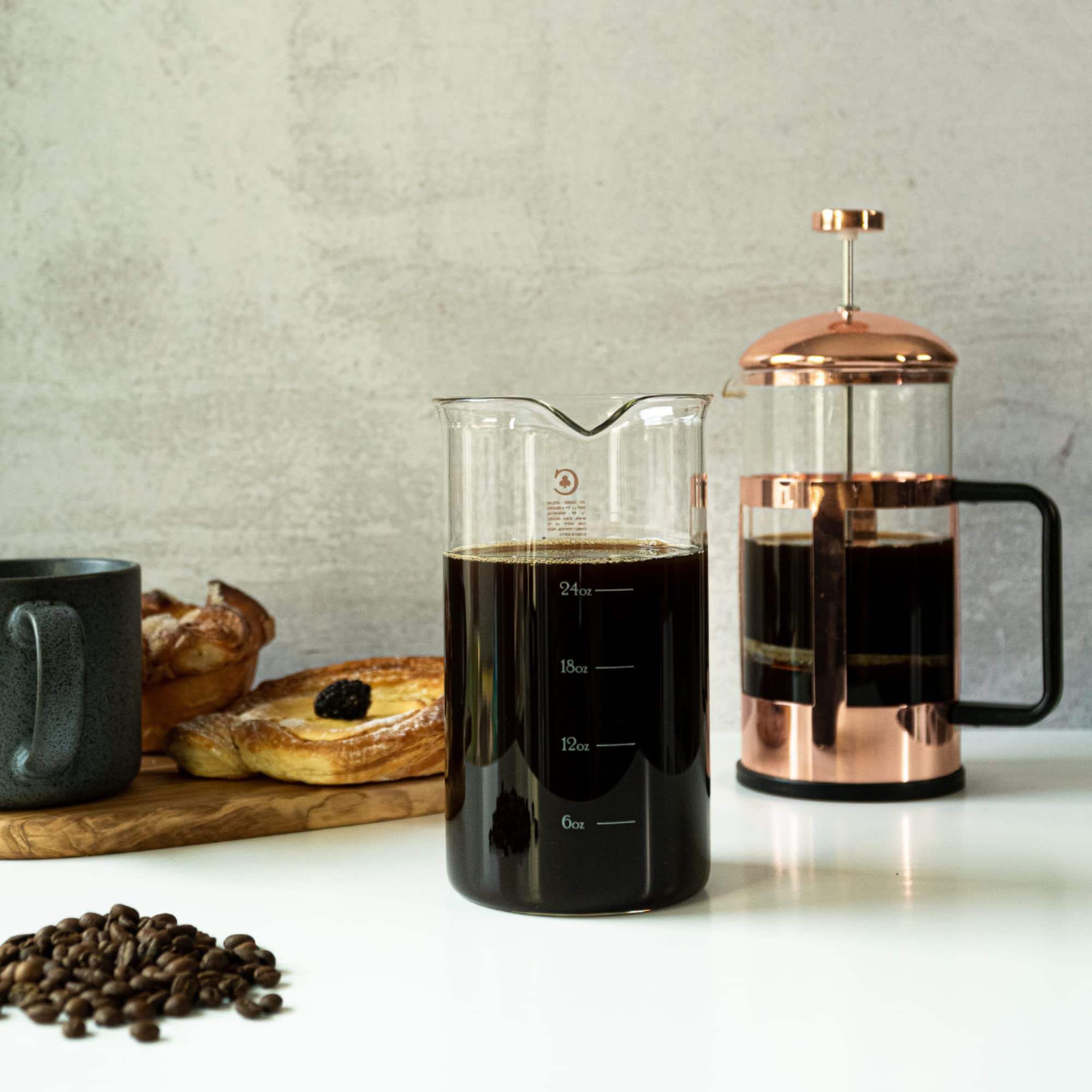French Press Replacement Glass By Cafe Crush Club - Fire Hardened Borosilicate Beaker - 34 Ounce 1 Liter Size With White Measure
