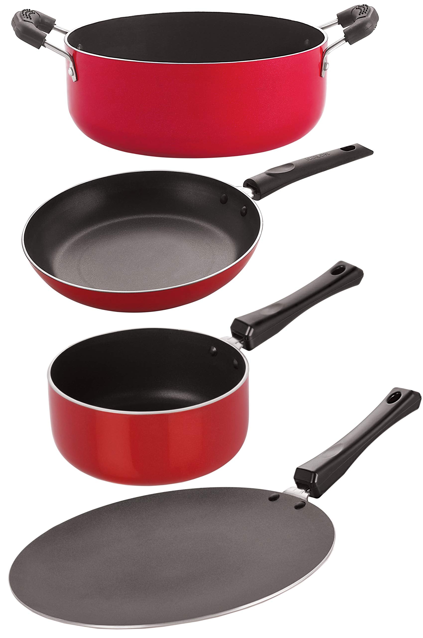 Nirlon 3 Layer Coated NonStick Aluminium Pots And Pans Cooking Combo Set (Ct12_Sp(M)_Tp22_Cs24) Red And Black