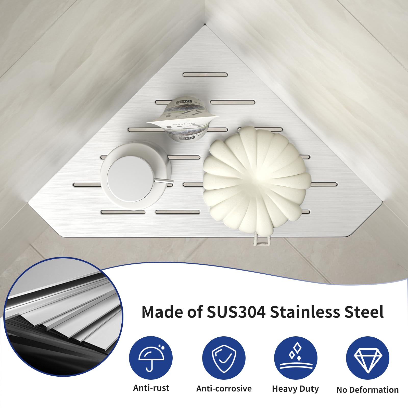 Bernkot Corner Shower Shelf 10'' Brushed 304 Stainless Steel Pentagonal Heavy Duty Floating Corner Sheves Slot Design Recessed B