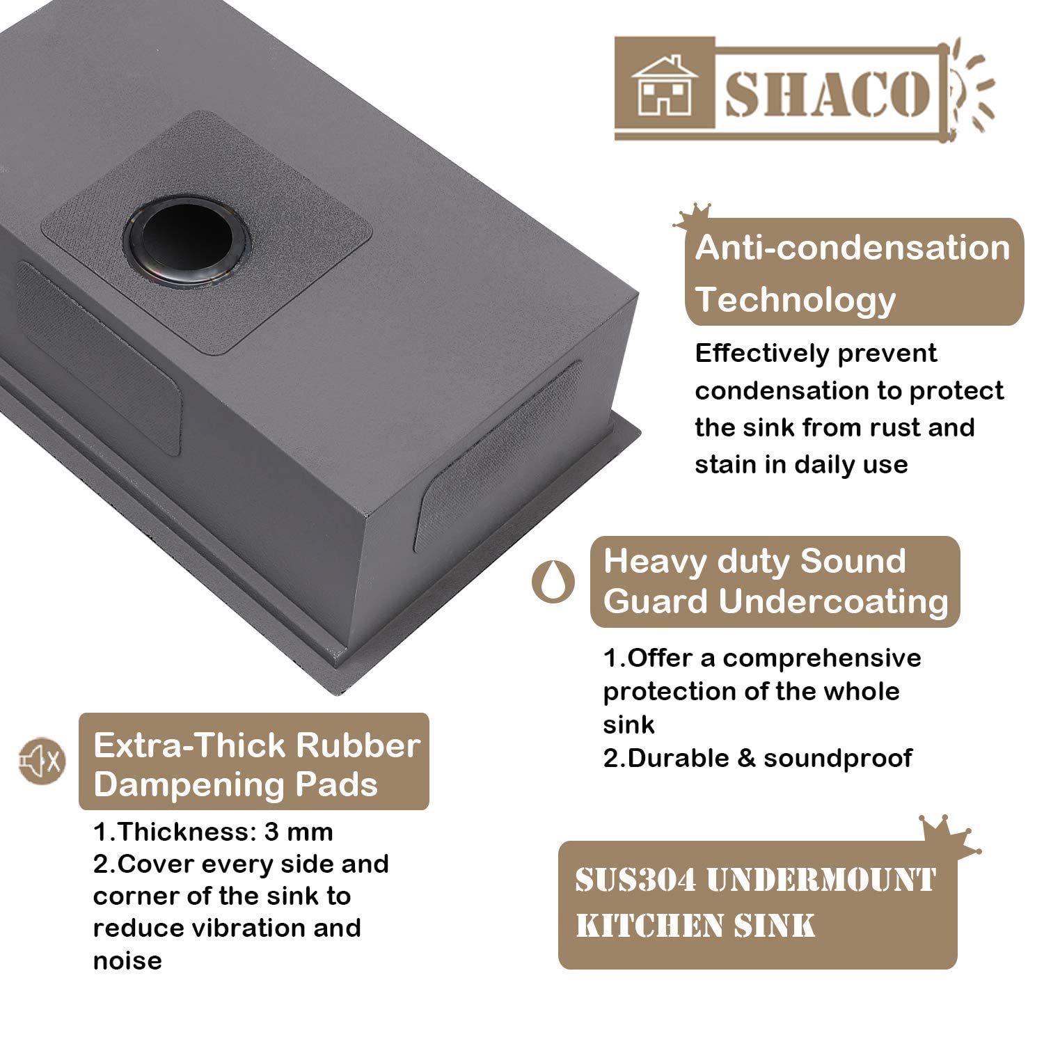 Shaco 33 Inch Black Undermount Kitchen Sink, 33X19 Gunmetal Black Stainless Steel Workstation Sink, Single Bowl Basin Wet Prep U