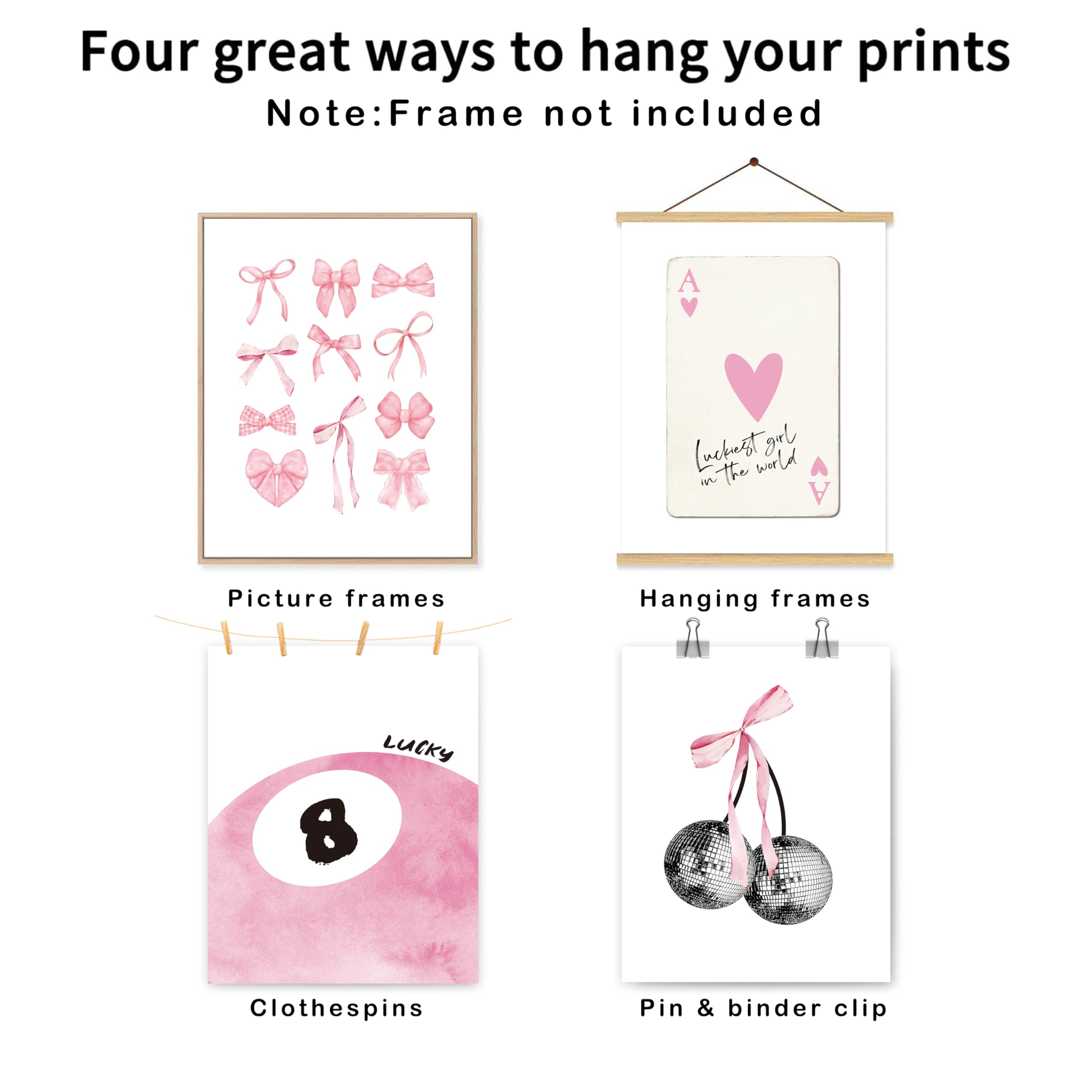 Okaxscm Pink Coquette Trendy Preppy Wall Art Prints Set Of 4, Coquette Room Decor, Preppy Room Decor Aesthetic, Pink Bow Disco 8