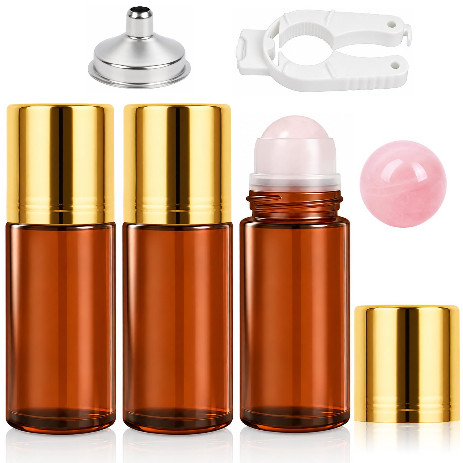 3 Pcs 1.7oz Amber Glass Roll on Bottles,Rose Quartz Roller Bottles for Oils