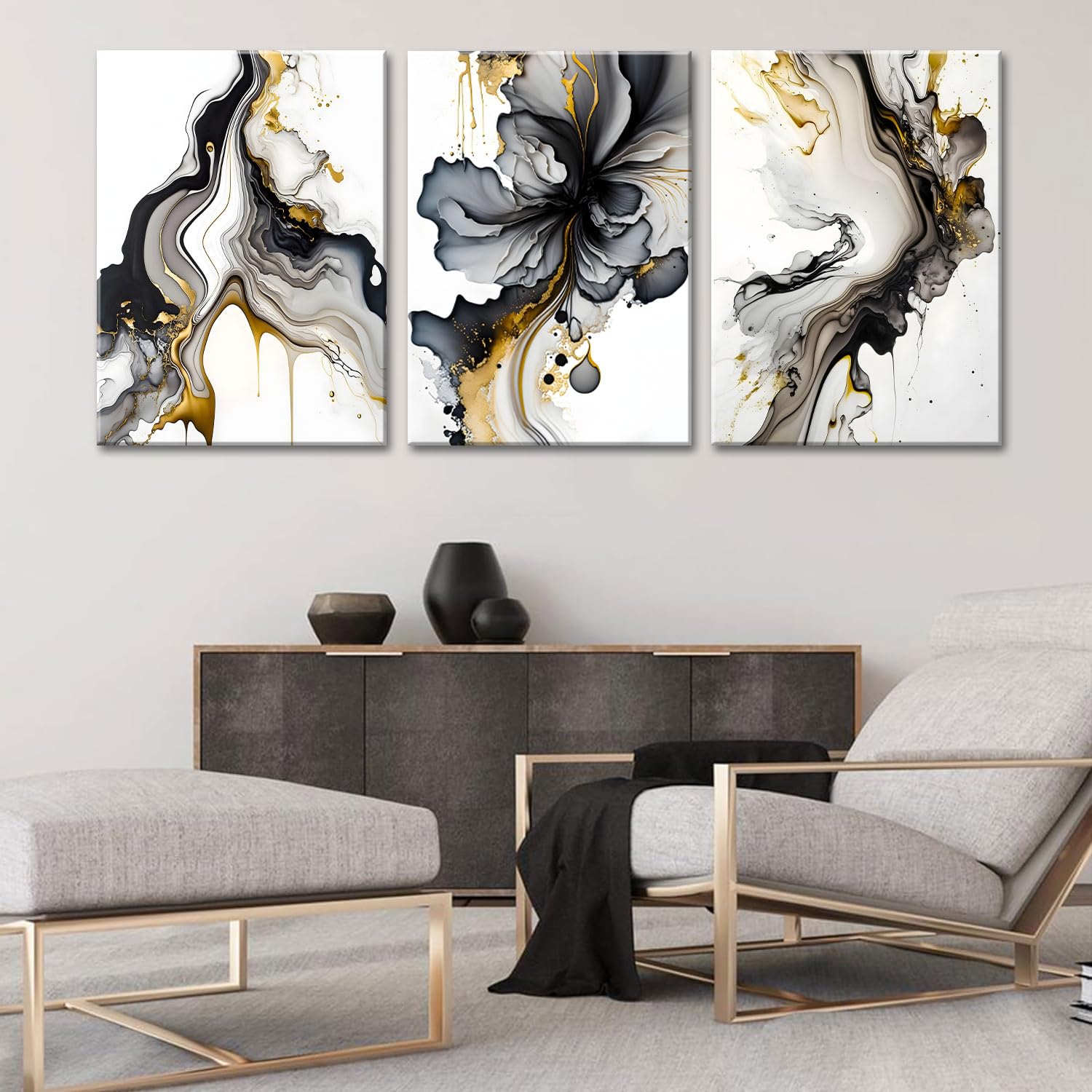 3Pcs Framed Black And Gold Abstract Wall Art, Modern Grey And Gold Marble Fluid Canvas Wall Art Prints Posters Wall Decor Pictur
