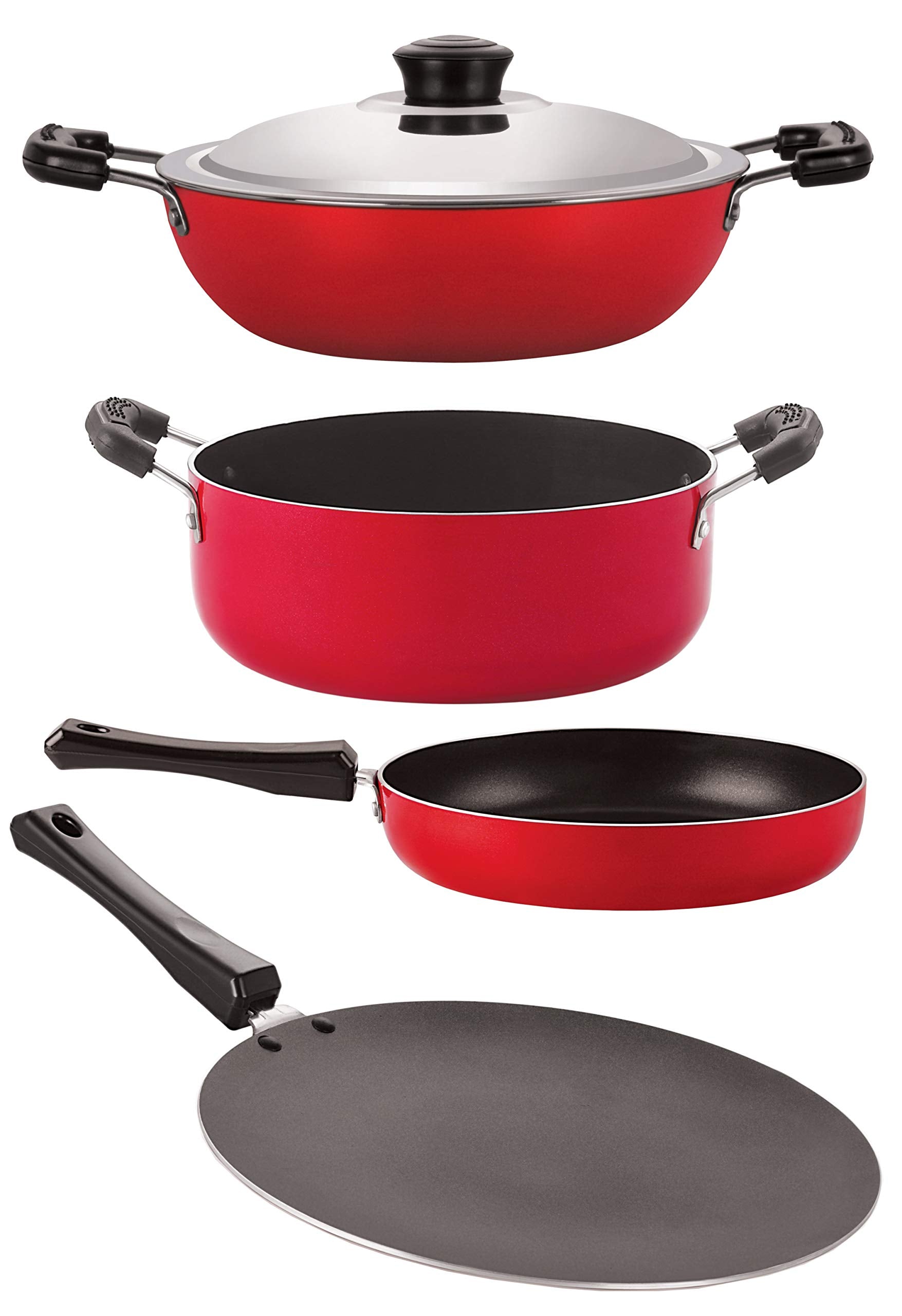 Nirlon Non Stick Aluminium Cookware Set,4 Pieces (Red & Black) (Ct12_Fp11_Dkd(J)_Cs24)