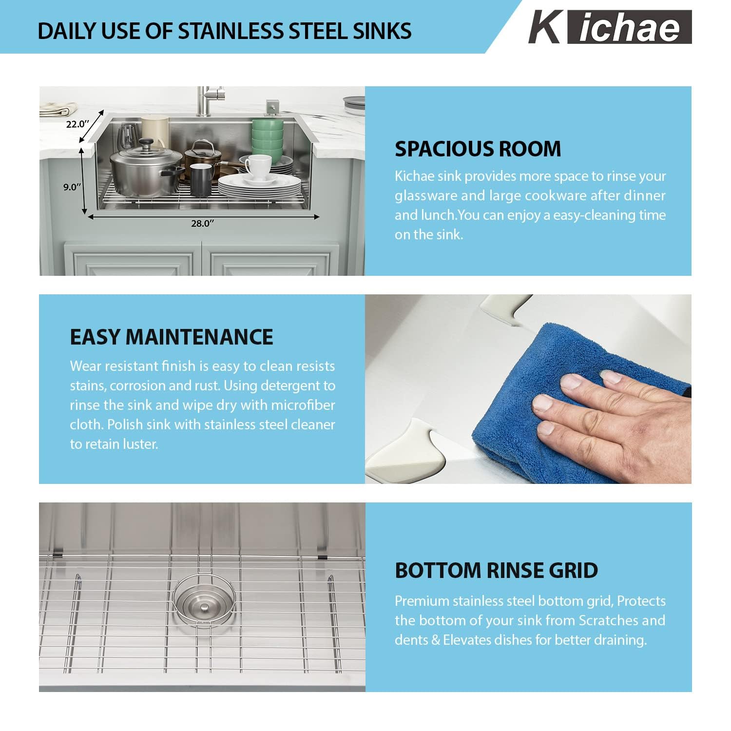 Kichae 28 Kitchen Sink Drop In - 28X22 Inch Drop Sink Workstation Stainless Steel Single Bowl Topmount Overmount Kitchen Sink Ha