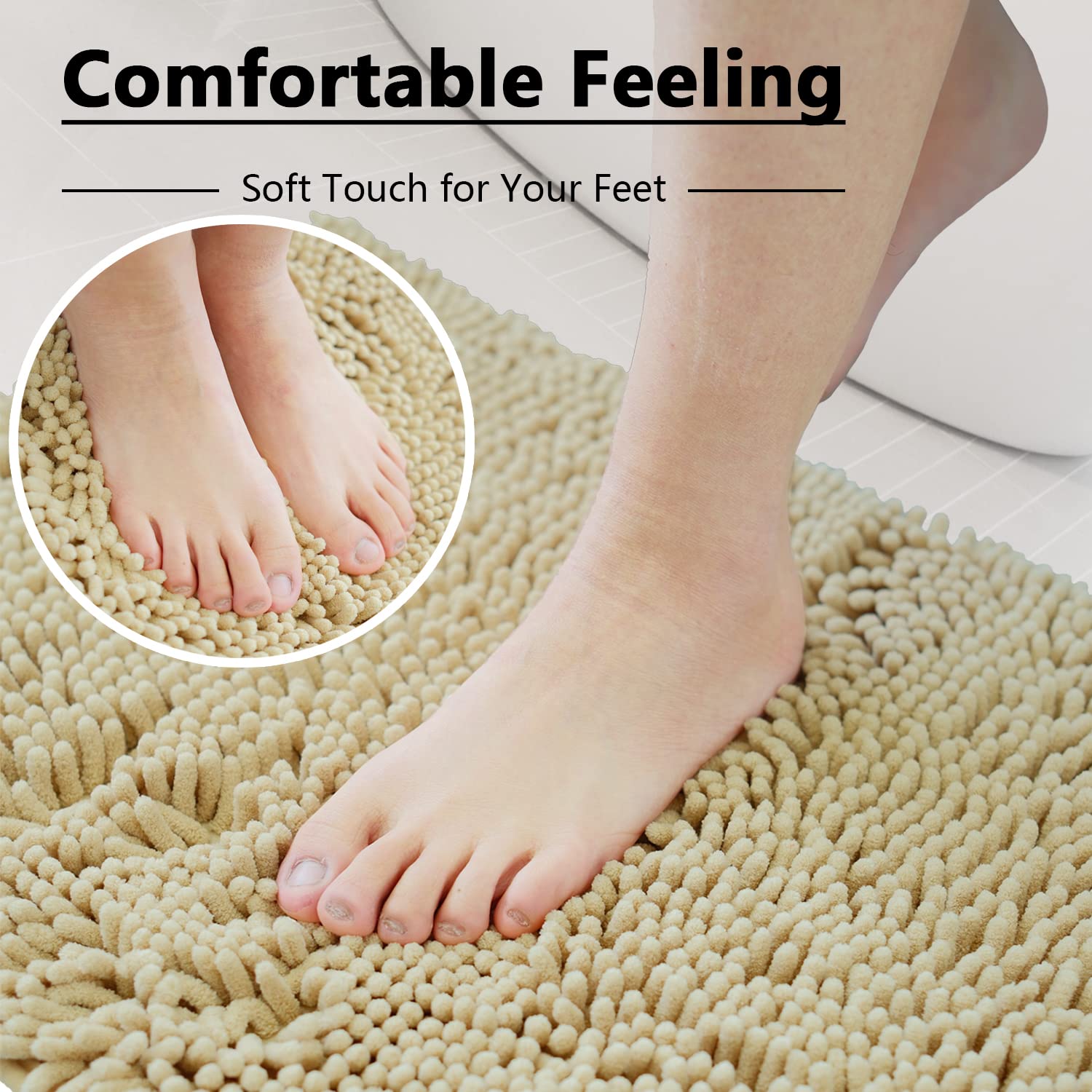 Bath Rugs Chenille 3-Piece Extra Soft and Absorbent Shag Beige Bathroom Rugs  Machine Wash Mat  Strong PVC Non-Slip Underside  Plush Carpet Mats (Camel)