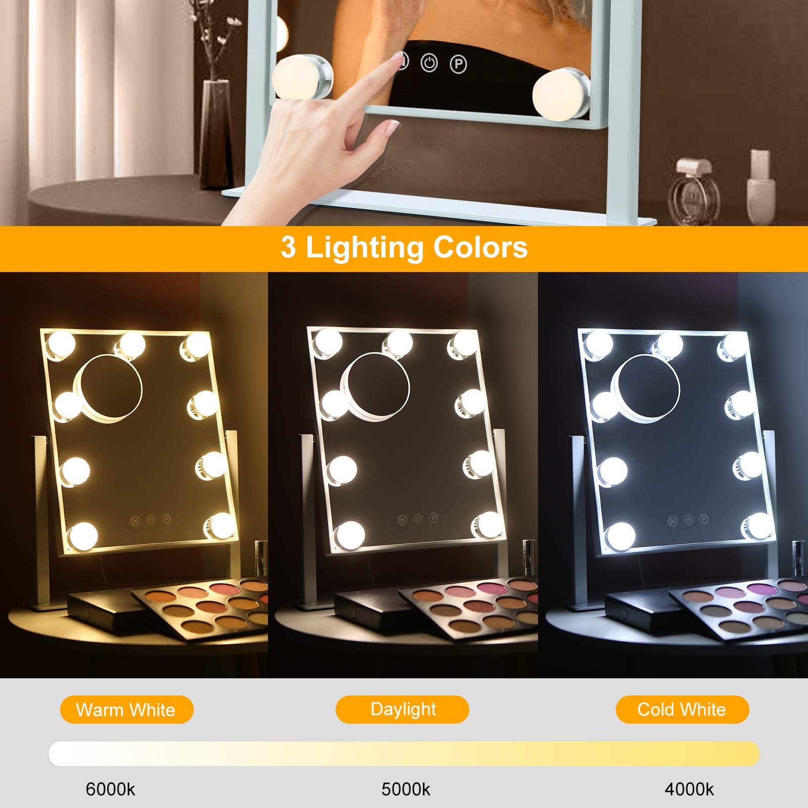 Vanity Mirror with Lights  Hollywood Lighted Makeup Mirror  3 Colors Lighting Modes Dimmable 10X Magnifying Miroor  Touch Control and 360 Degree Rotation (White)