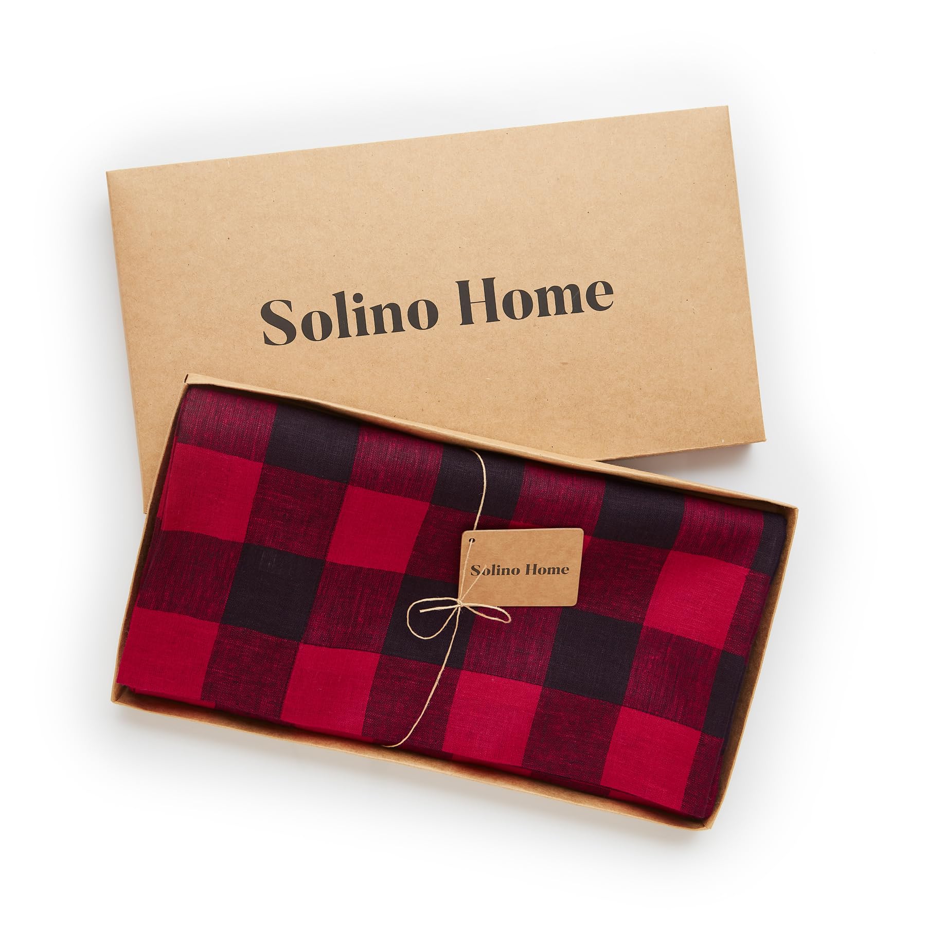 Solino Home Buffalo Check Linen Tablecloth 90'' L X 60'' W Inch - 100% Pure Linen Red And Black Table Cloth For Rectangle Tables