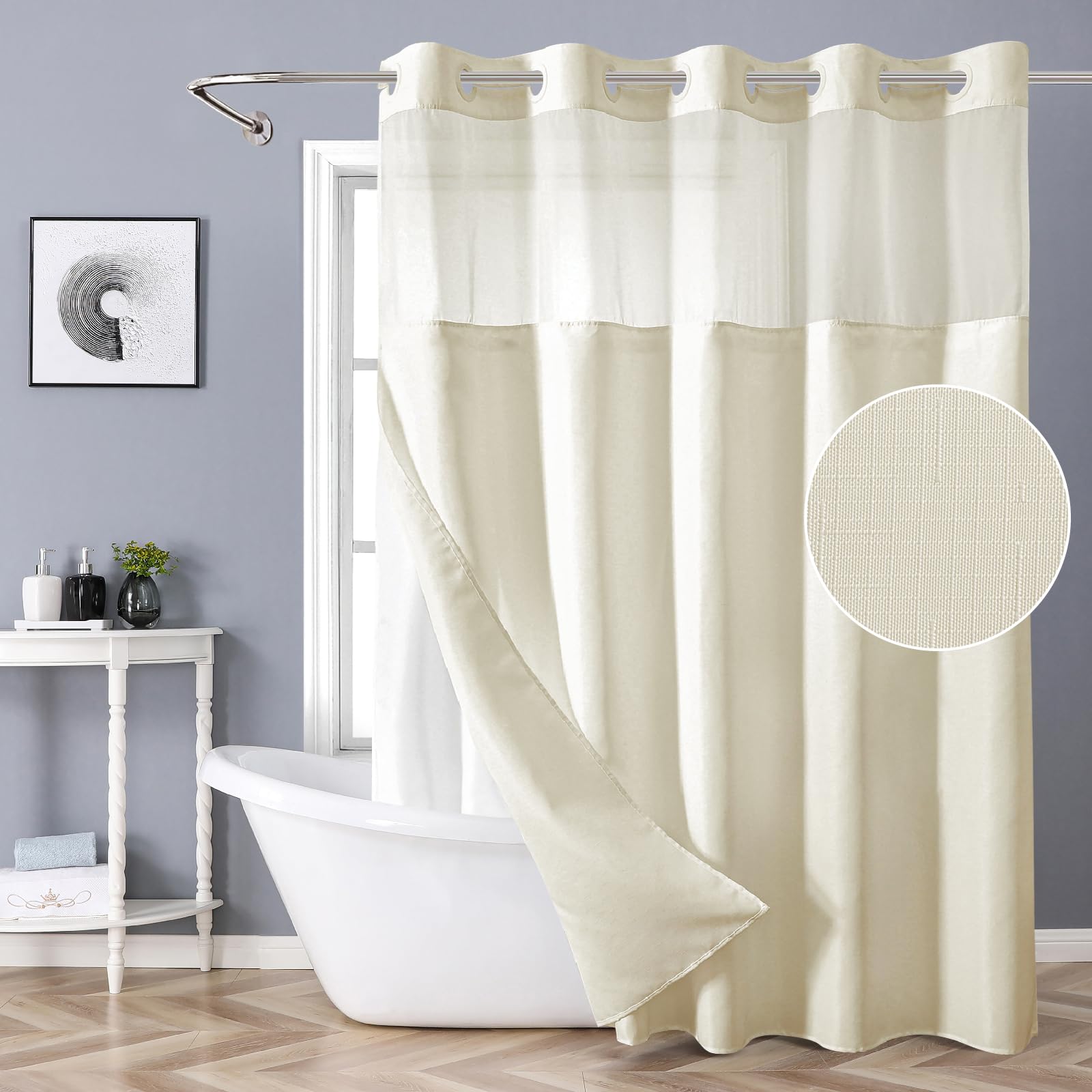 Eachope Cream Long No Hook Shower Curtain With Snap-In Fabric Liner Set,Slub Textured Fabric Shower Curtains For Bathroom,Hotel