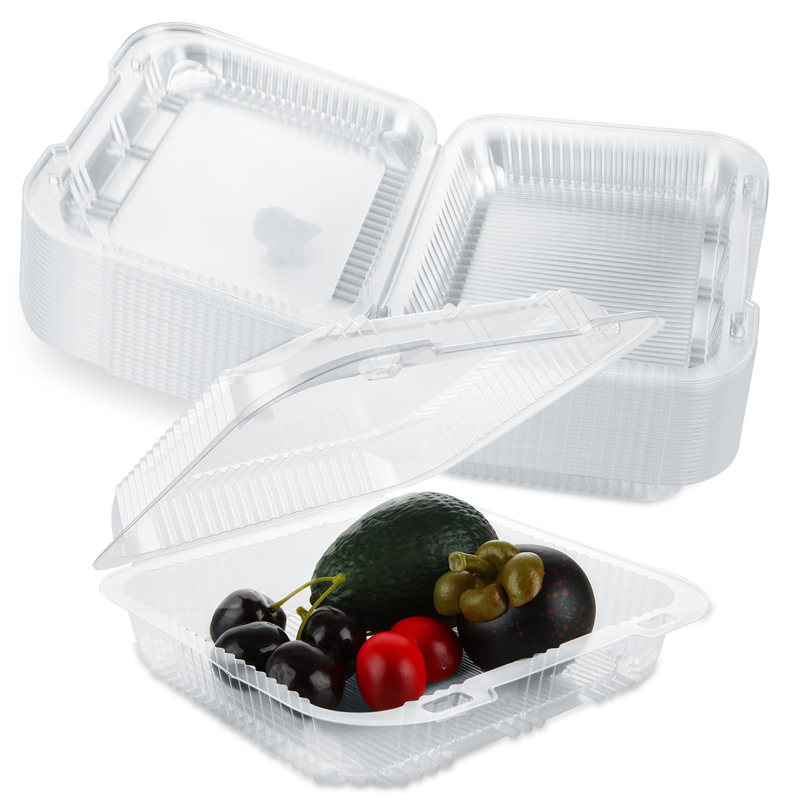 YAYODS 100 Pack Clear Plastic Clamshell Food Containers 8 x 8 x 3 Hinged Lids for Salads, Pasta, Sandwiches, To Go Containers