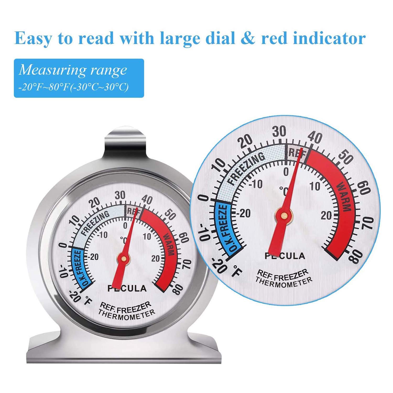 2 Pack Refrigerator Thermometer  -30~30C/-20~80F  Classic Fridge Analog Thermometer Large Dial with Red Indicator Thermometer for Freezer Refrigerator Cooler