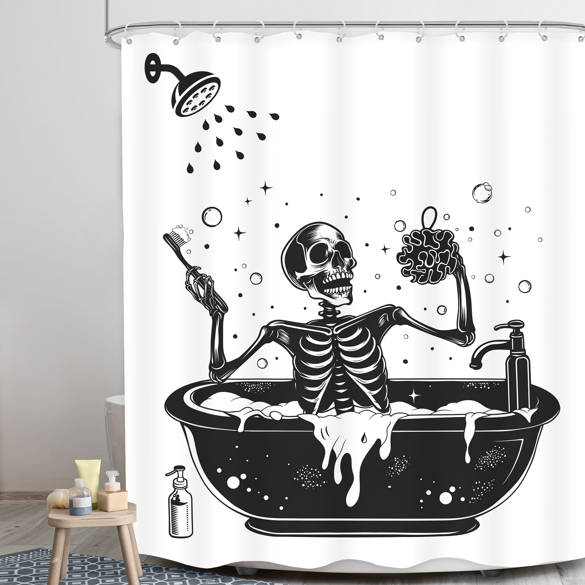 Lghtyro Funny Skull Shower Curtain Bathroom Set 60Wx71H Inches Black White Gothic Skeleton Bone Bathing In Bathtub Bubbles Spook