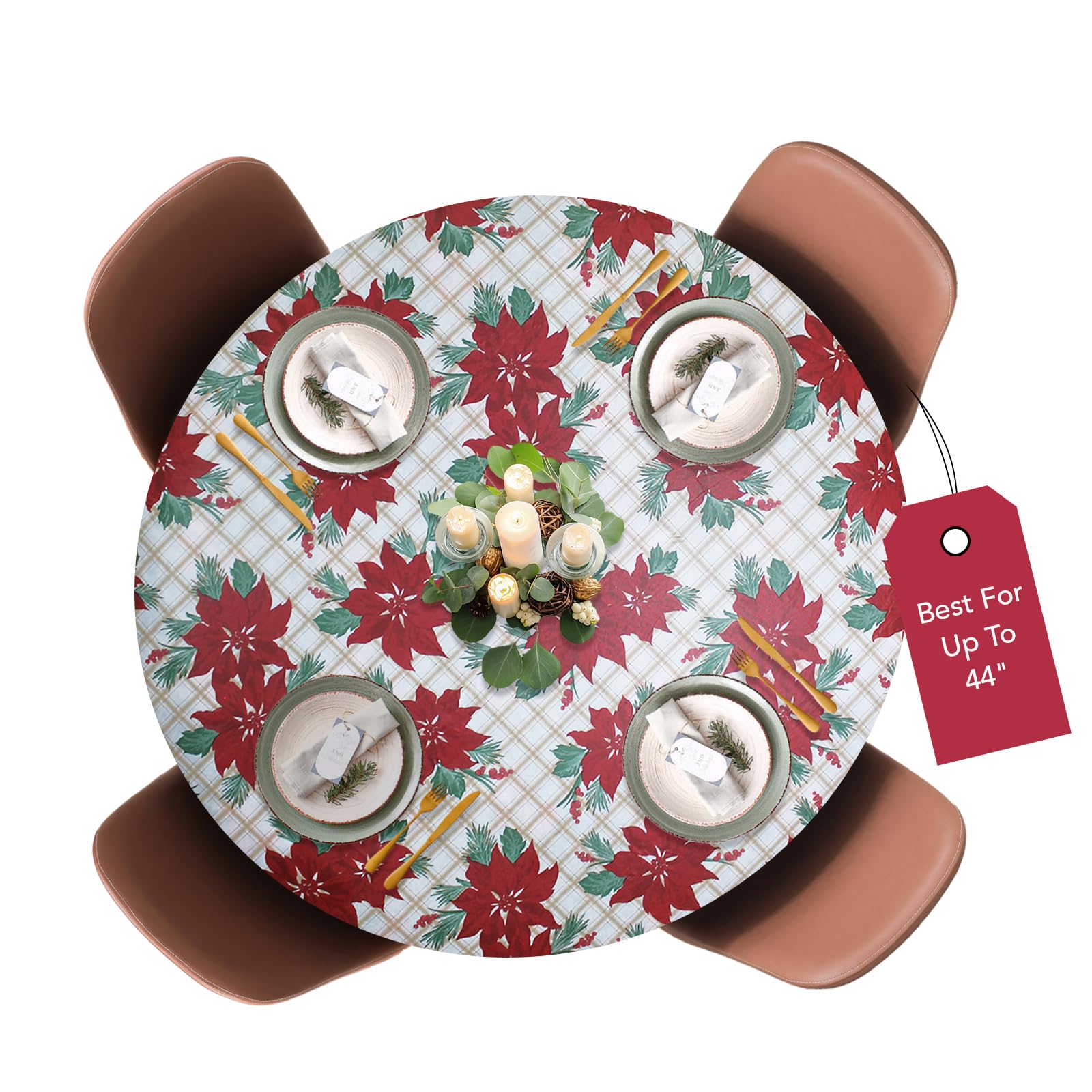 Covers For The Home Deluxe Elastic Edged Flannel Backed Vinyl Fitted Table Cover - Christmas Flower Pattern - Small Round - Fits