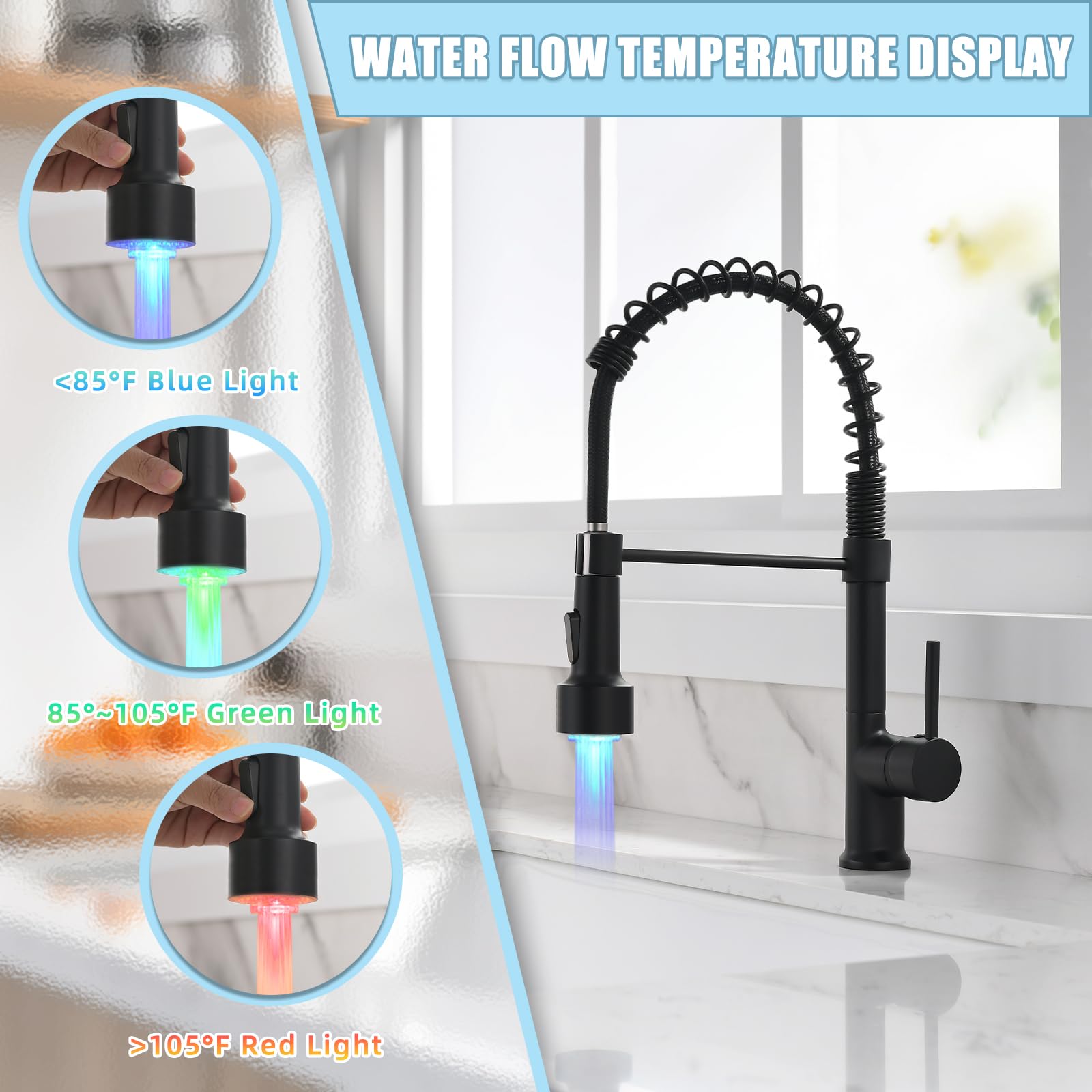 Gimili Matte Black Led Kitchen Faucet With Soap Dispenser, Modern Single Handle Spring Kitchen Sink Faucets With Pull Down Spray
