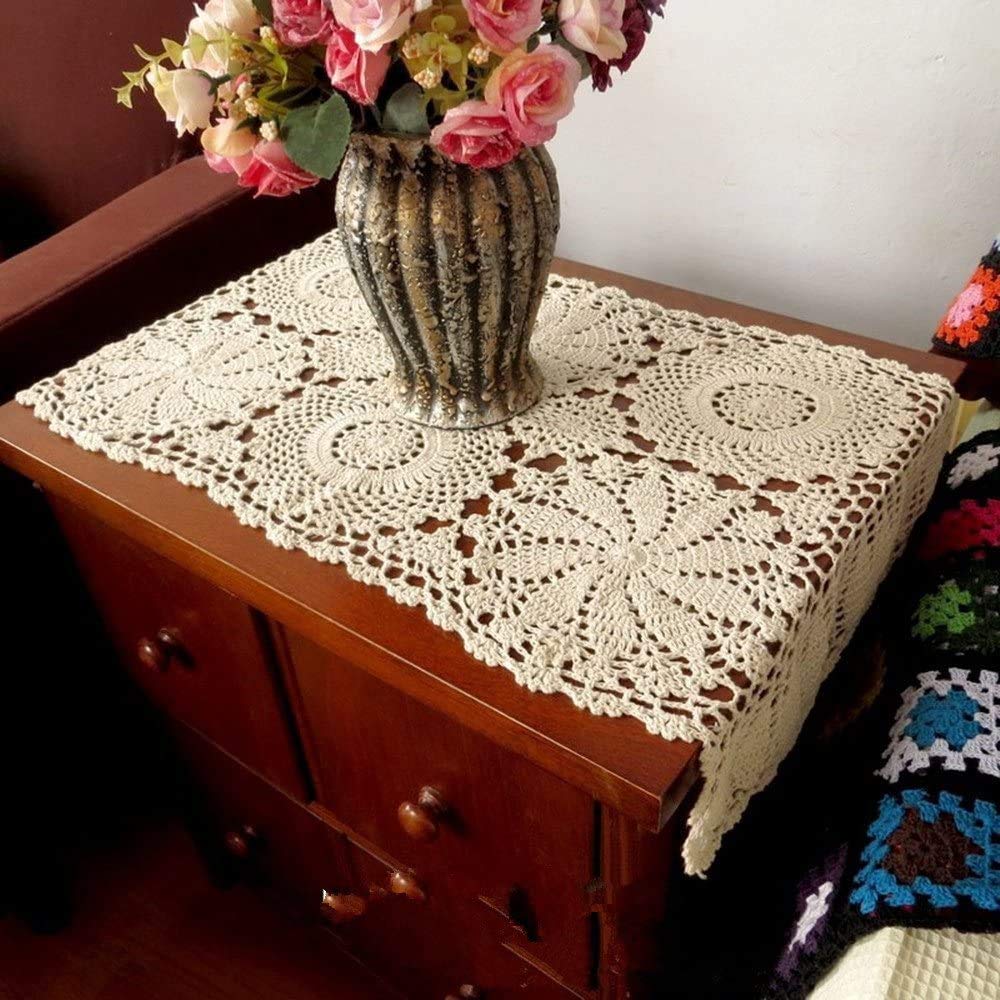 Abreeze Rustic Floral Table Runner Hand Crochet Table Placemats Beige Cotton Table Doilies Runners, 2Pc 15.7 Inchx31.5Inch