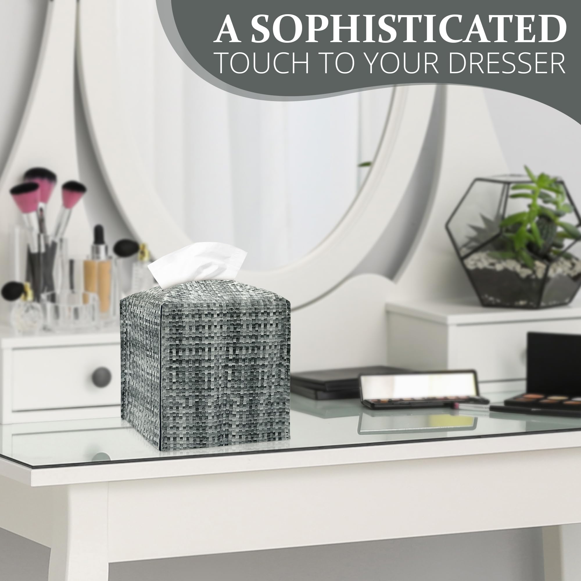 Tissue Box Cover, Pu Leather Tissue Box Holder With Bottom Belt, Modern Square Tissue Box Covers With Wide Opening (Black Gray,