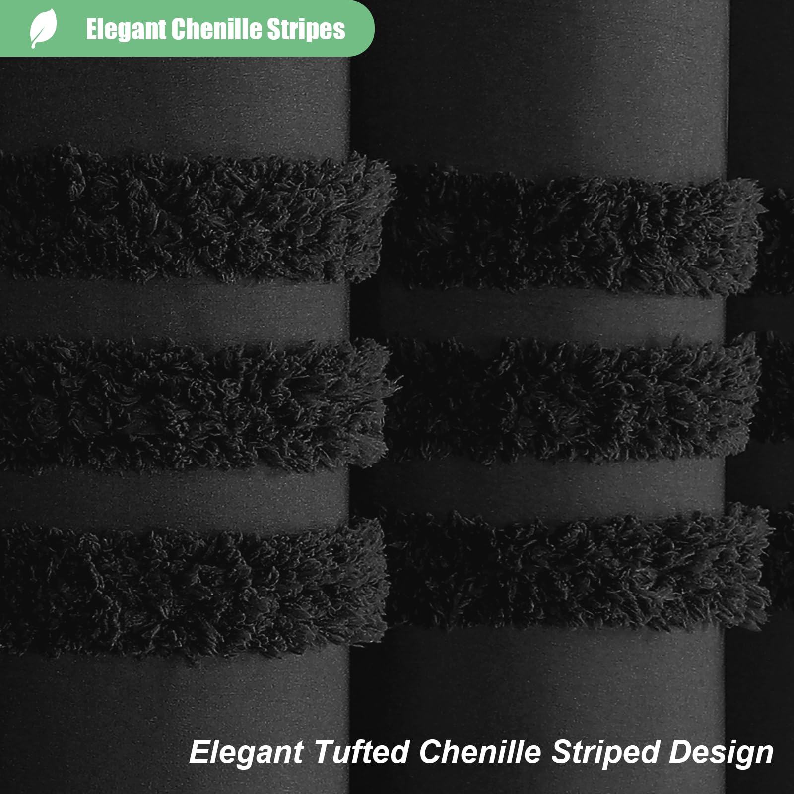 Dynamene Black Fabric Shower Curtain, Tufted Chenille Striped Textured Cloth Shower Curtains For Bathroom, Boho Farmhouse Shabby