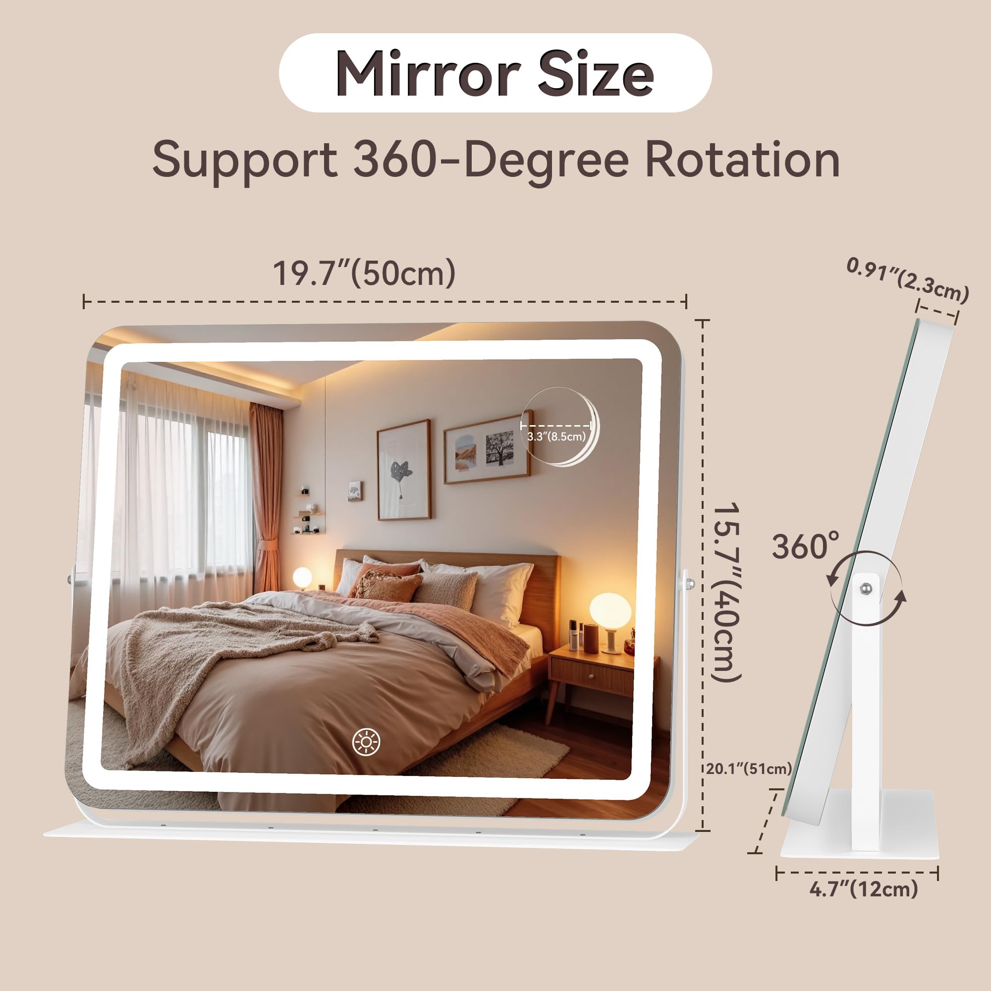 MINISO Vanity Mirror with Lights, 20 x 16 LED Makeup Mirror, Light & Brightness Adjustment, Smart Sensor, 360Rotation, Aluminum
