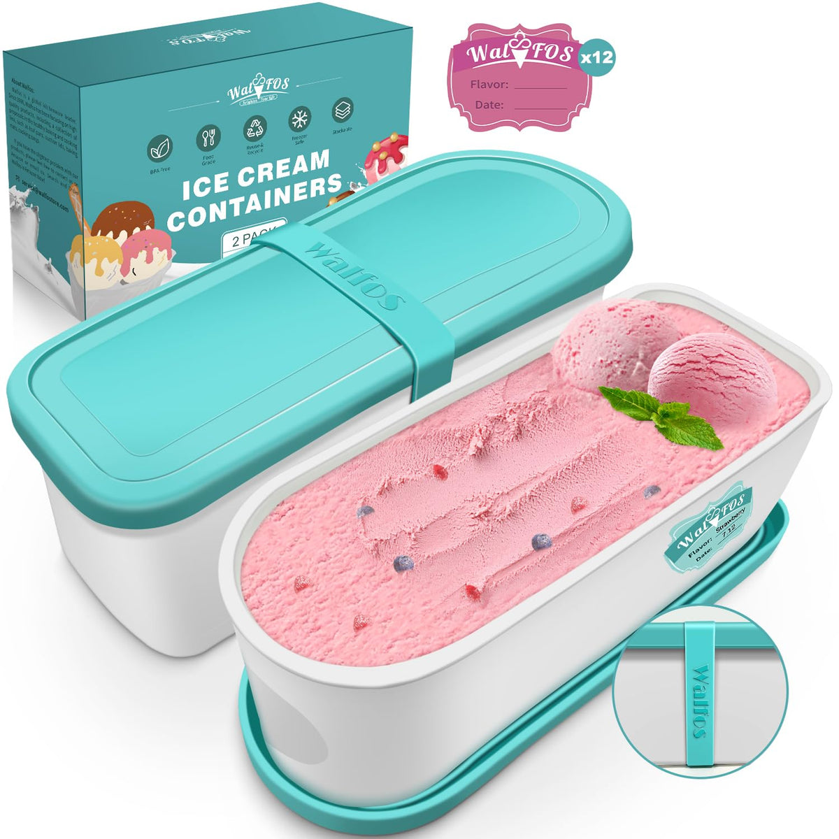 Walfos Ice Cream Containers - 1.6 Quart Each, Reusable Homemade Ice Cream Tubs With Silicone Lids, Stackable Freezer Storage Con