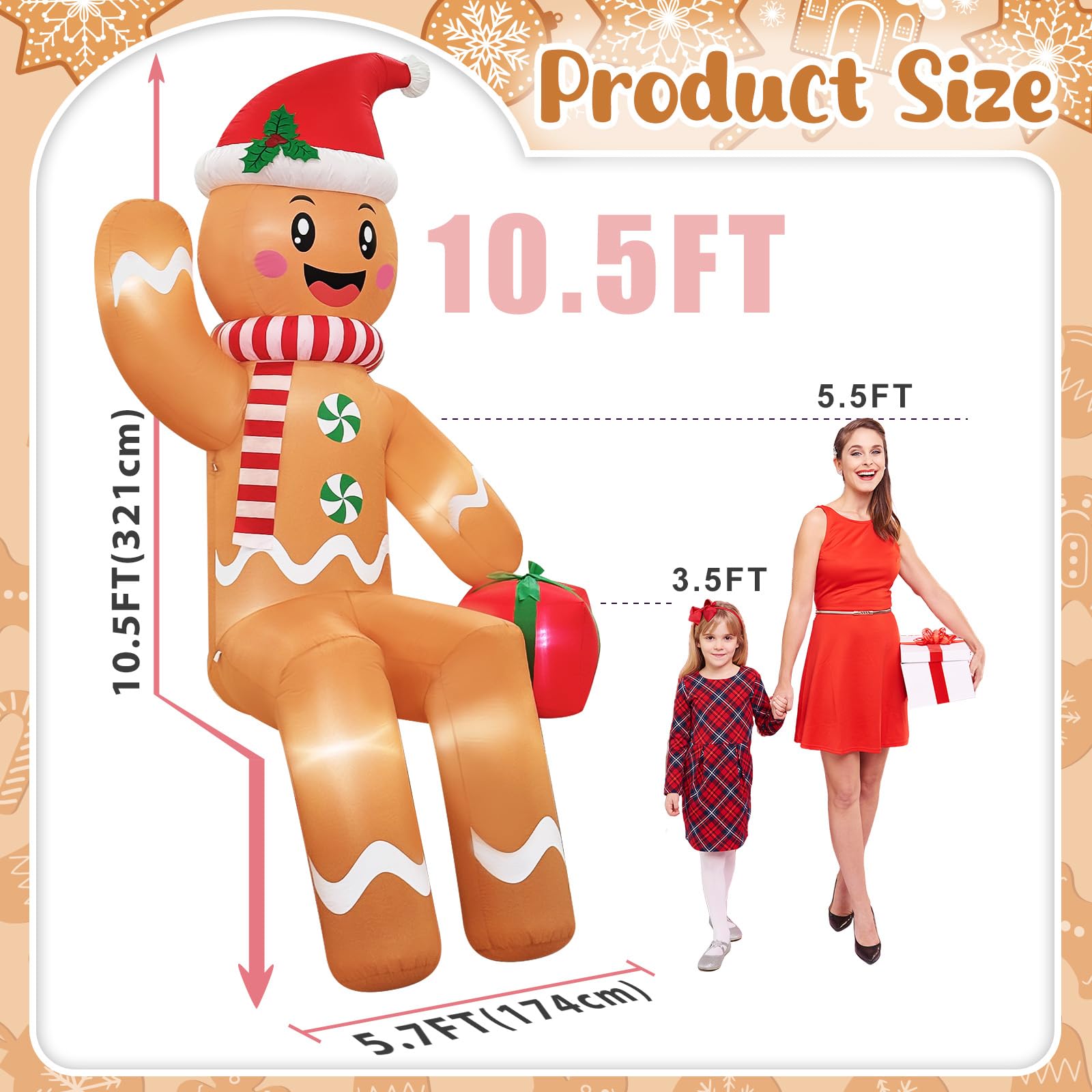 GUDELAK 10FT Christmas Inflatable Outdoor Decoration, Sitting Waving Gingerbread Inflatables Outdoor Decorations with Built-in L