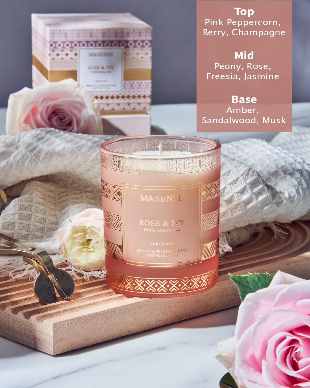 M&SENSE Rose Ivy Candle, Scented Candle Gifts for Women, 45 Hours Slow Burning Natural Soy Candles 7.4oz, Stress Relief Luxury A