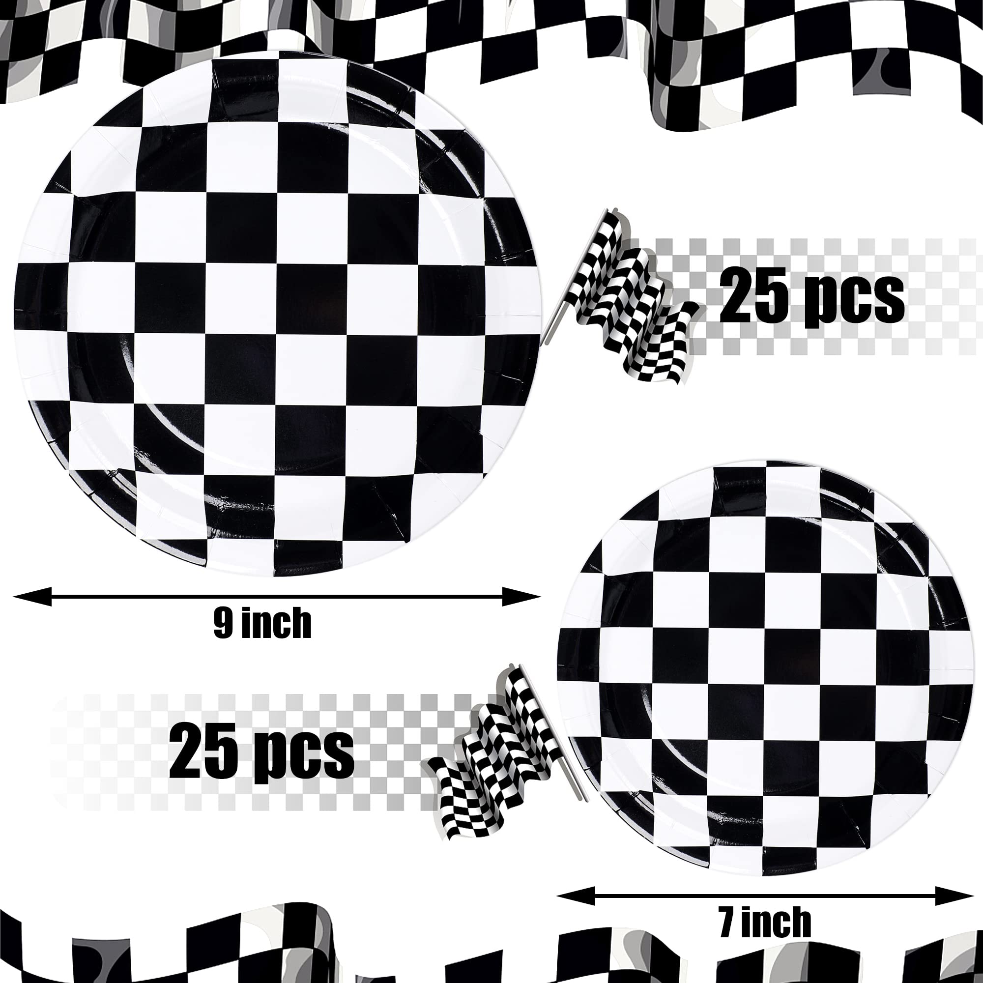 Racing Car Paper Plates Black And White Disposable Plates Checkered Flag Party Plates Round Dessert Dinner Paper Plate For Race