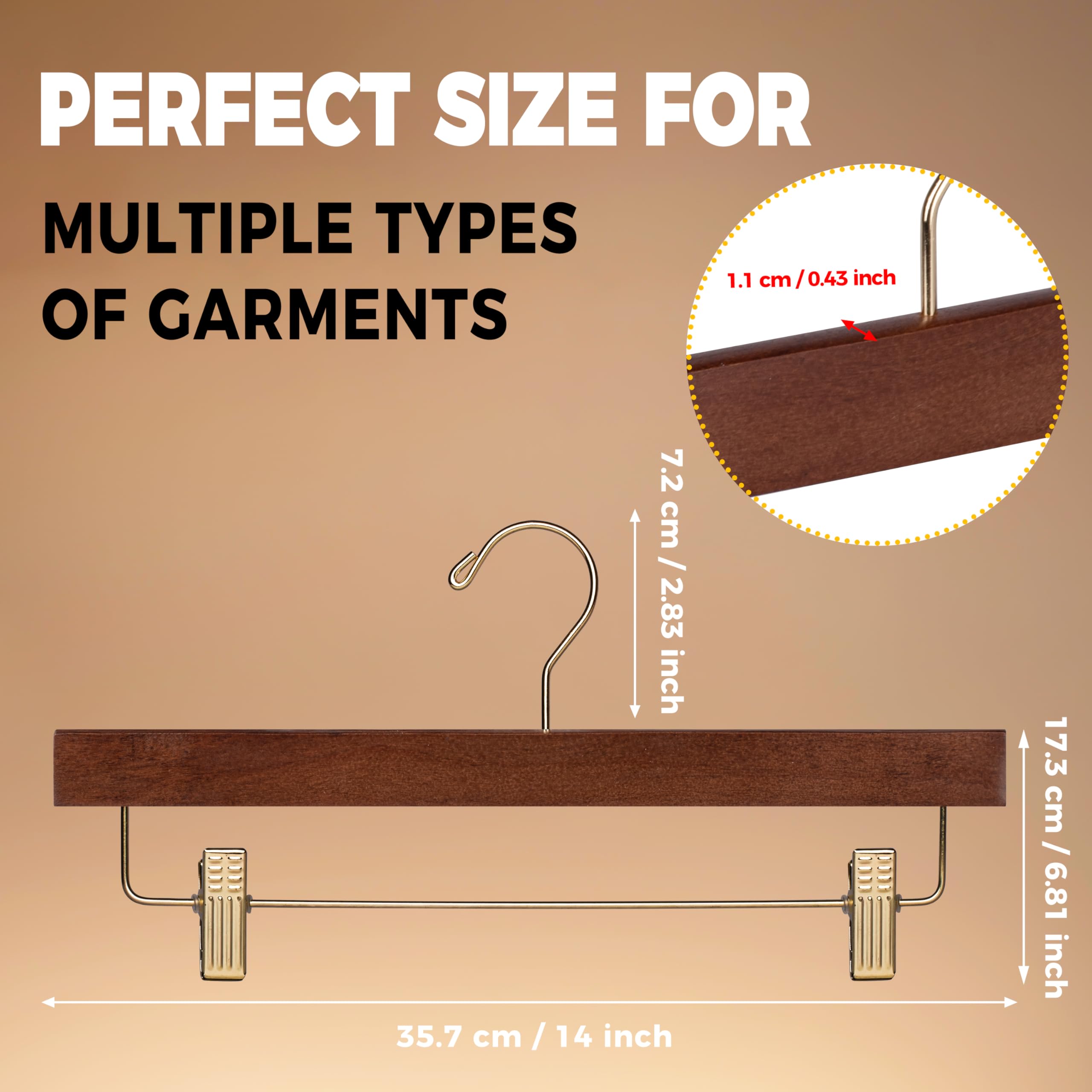 Quality Wooden Pants Hangers Skirt Hanger Jeans Hanger Bottom Hanger  Swivel Hook  Adjustable Clips (Walnut - Gold Hook  10)