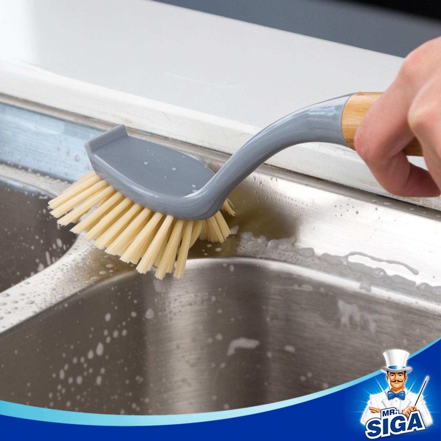 Mr.Siga Dish Brush With Long Bamboo Handle Built-In Scraper, Scrub Brush For Pans, Pots, Kitchen Sink Cleaning, Pack Of 2