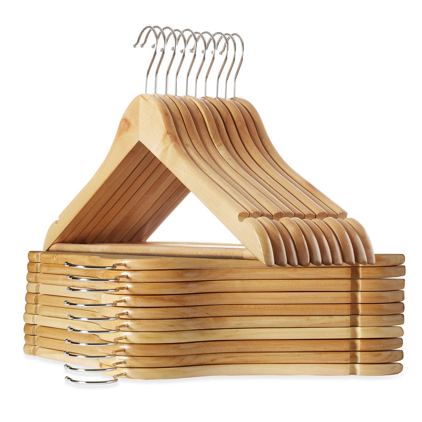 Casafield - 20 Natural Wooden Suit Hangers - Premium Lotus Wood With Notches & Chrome Swivel Hook For Dress Clothes, Coats, Jack