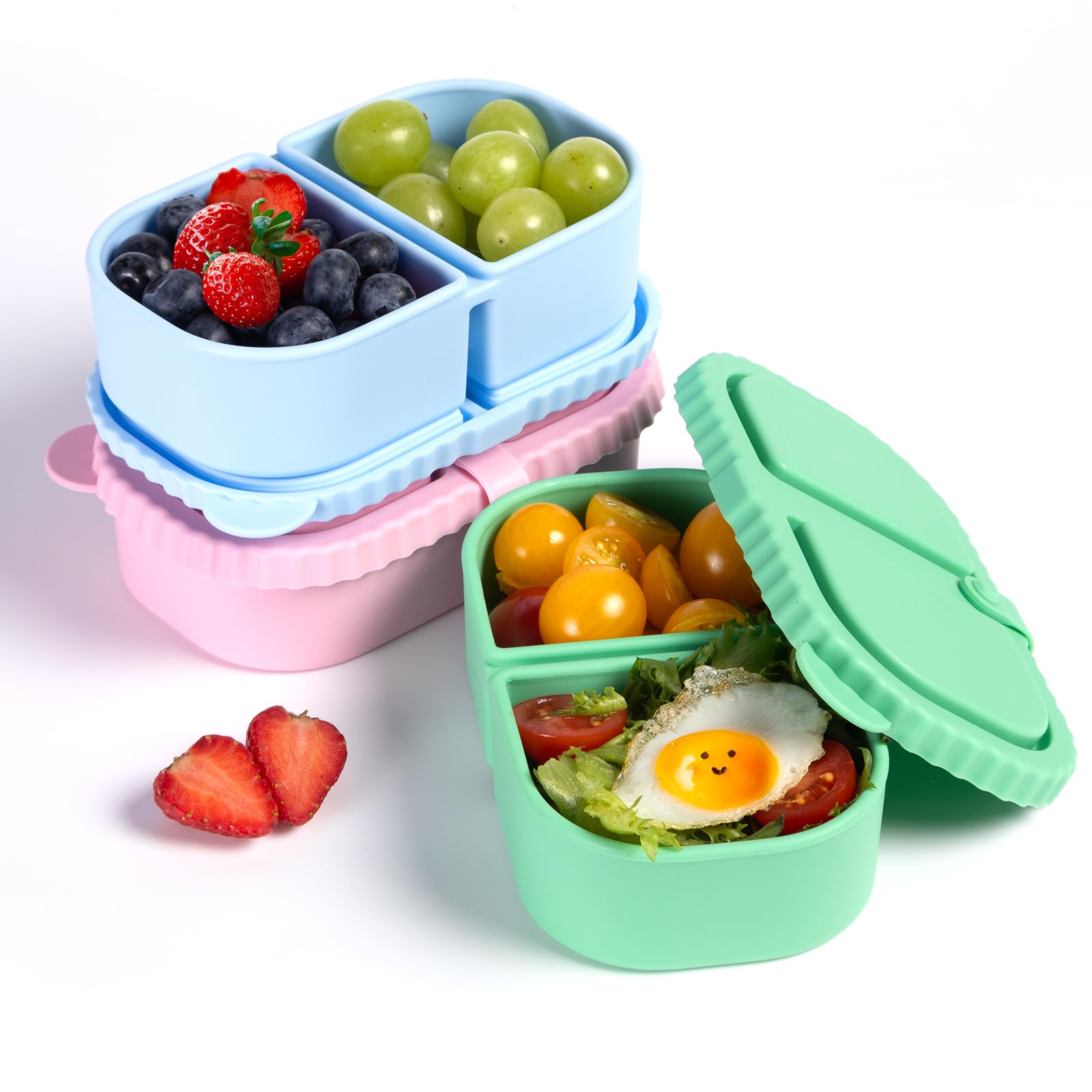 Tihulek 3 Pack Reusable Silicone Snack Containers with Lids, 2 Compartment Snackle Box Containers, Salad Dressing Sauce Seasonin