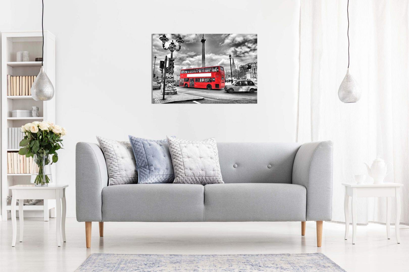 London Canvas Print Black & White Red Bus Canvas Wall Art Picture Print (24X16In)
