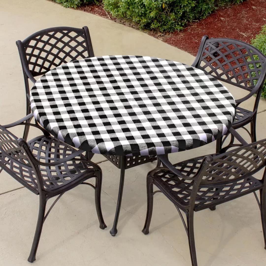 Fitable Vinyl Fitted Tablecloth Round, Black And White - Waterproof Checkered Elastic Tablecloth Flannel Backed Gingham Table Co