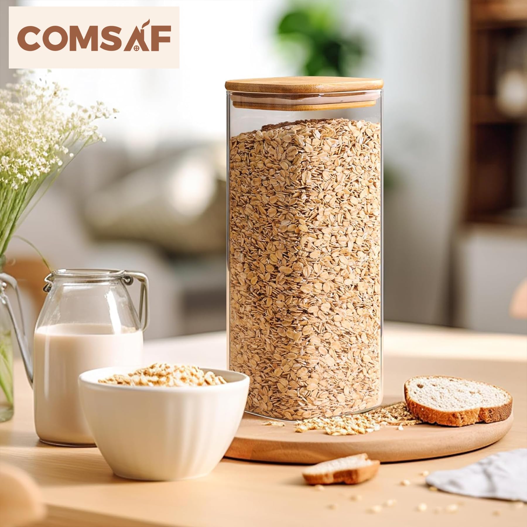 Comsaf 61Oz Glass Storage Containers With Lids, Glass Jars With Lids, Clear Food Storage Jar, Square Glass Canister Set Of 3, Pa