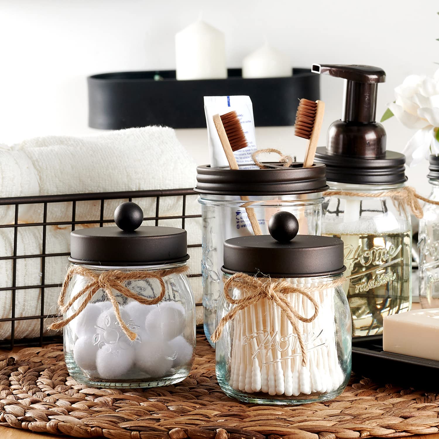 SheeChung Mason Jar Bathroom Apothecary Jars - Rustproof Stainless Steel Lid Farmhouse Decor Bathroom Vanity Storage Organizer Holder Glass for Cotton Swabs Rounds Ball Flossers(Bronze  2-Pack)