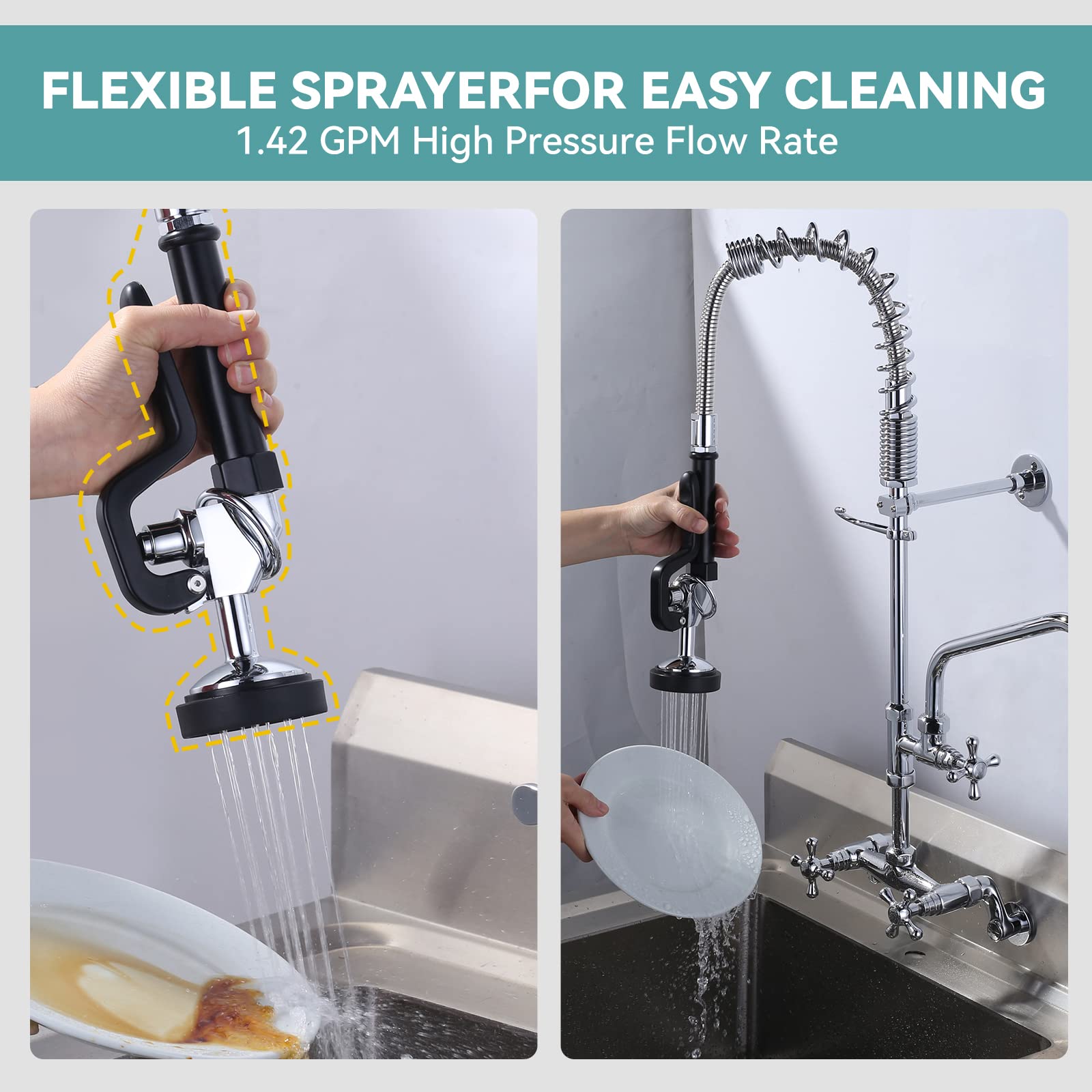 Pre Rinse Sprayer With Black 7/8''-20Unef Handle Grip Assembly, 1.42 Gpm High Pressure Pull Down Spray Head, Handheld Dish Spray