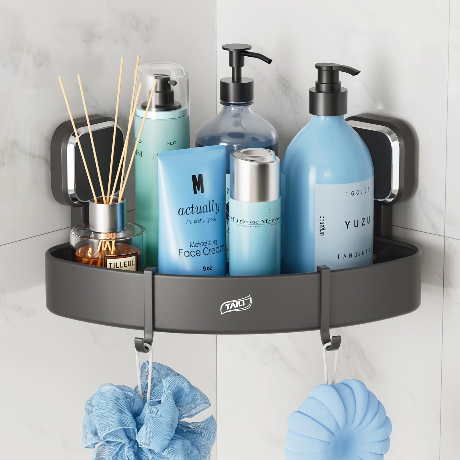 Taili Corner Shower Caddy With Suction Cup With Hooks, Aluminum Corner Shower Shelf Shower Basket,Wall Mounted Organizer Rack Fo